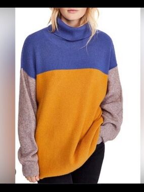 Free People Colorblock Cowl Sweater in Blue, Mustard & Taupe Small